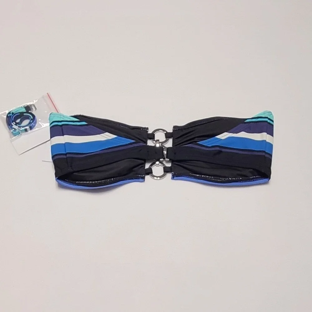 Michael Kors Women's Striped Bandeau Bikini Top Blue Black Ring Detail M/L